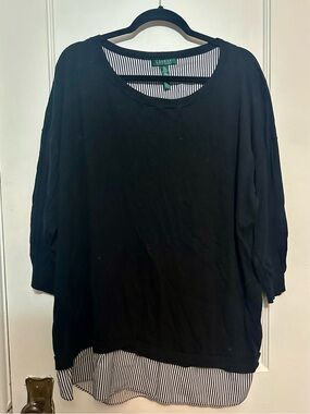Lauren Ralph Lauren Black Layered-Look Sweater with Striped Hem
